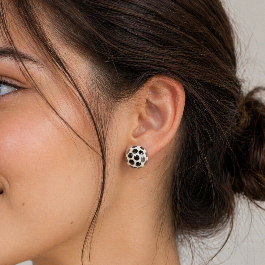 Clearance-Black Rhodium 925 Sterling Silver & White Enamel Polka Dot Lever Back Post Earrings - BGE00100