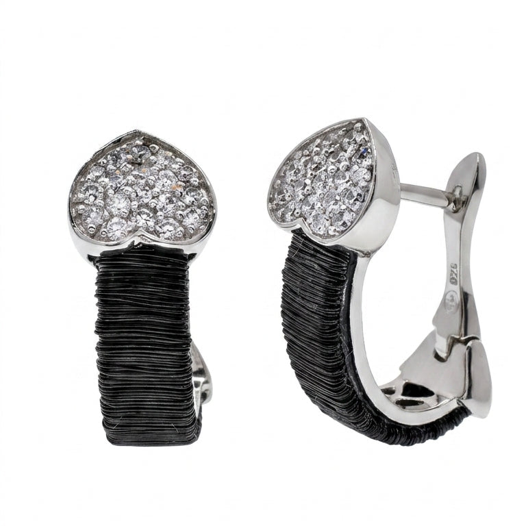 Clearance-925 Rhodium Plated Heart CZ Inlay Black Onyx Lever Back Earrings - BGE00133