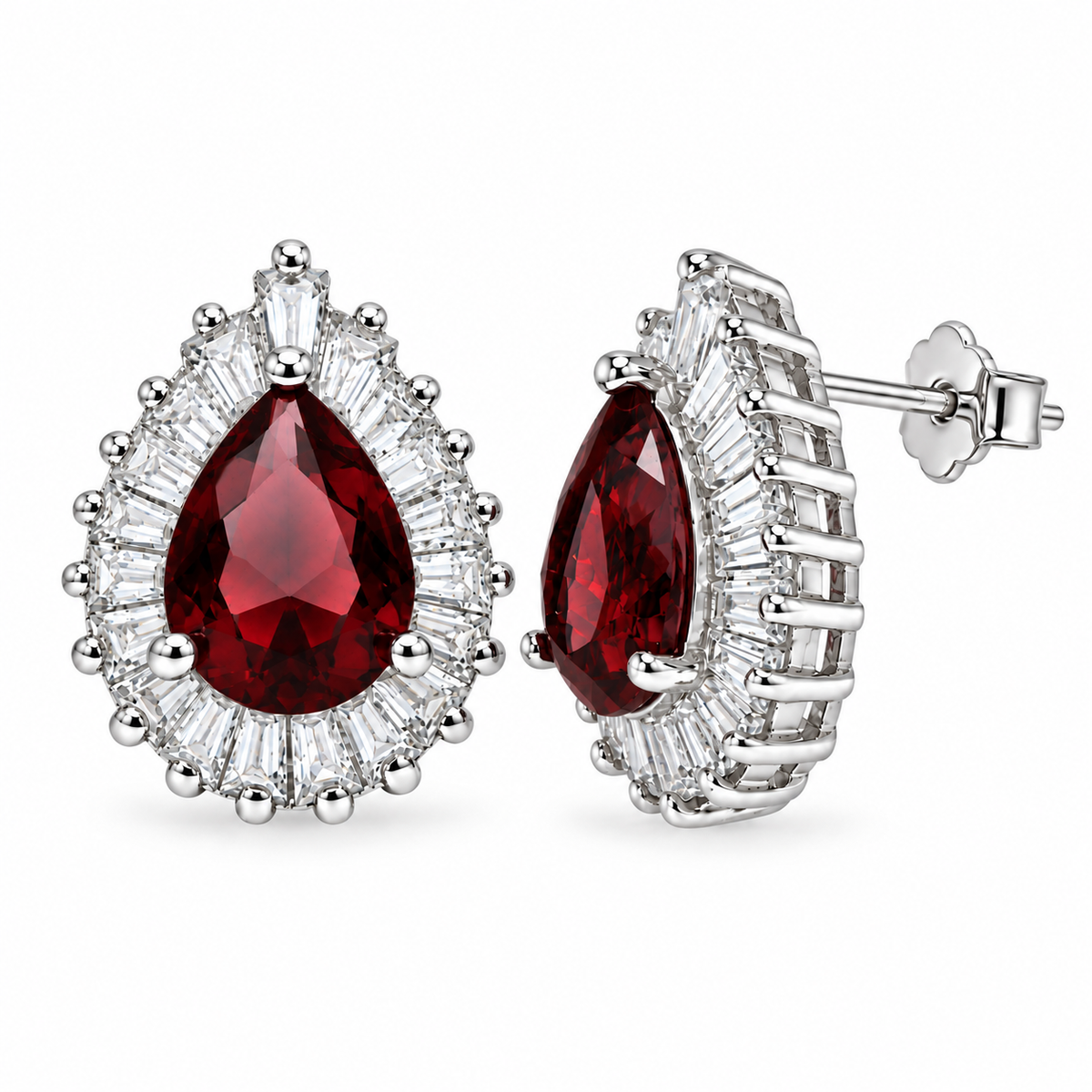 Pendientes de tuerca con circonita cúbica en forma de lágrima chapada en rodio, color rojo y pavé transparente, plata 925 - BGE00335
