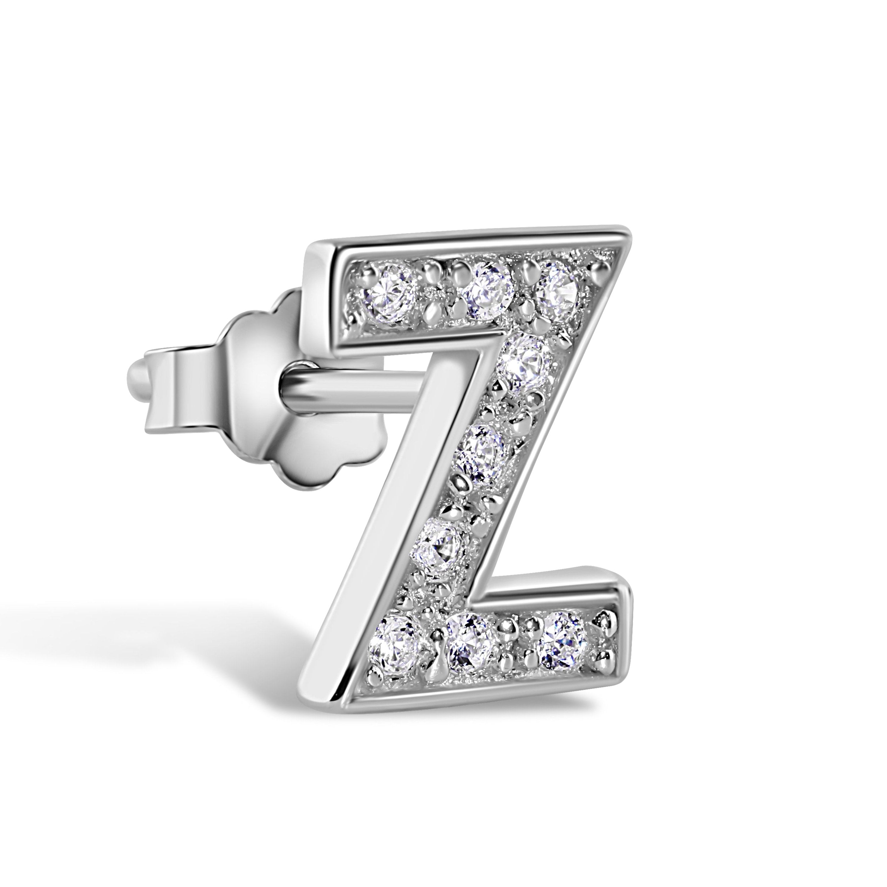Pendiente con broche de plata de ley 925 chapado en rodio, letra de alfabeto única de 8,8 mm con circonita cúbica transparente - BGE00387