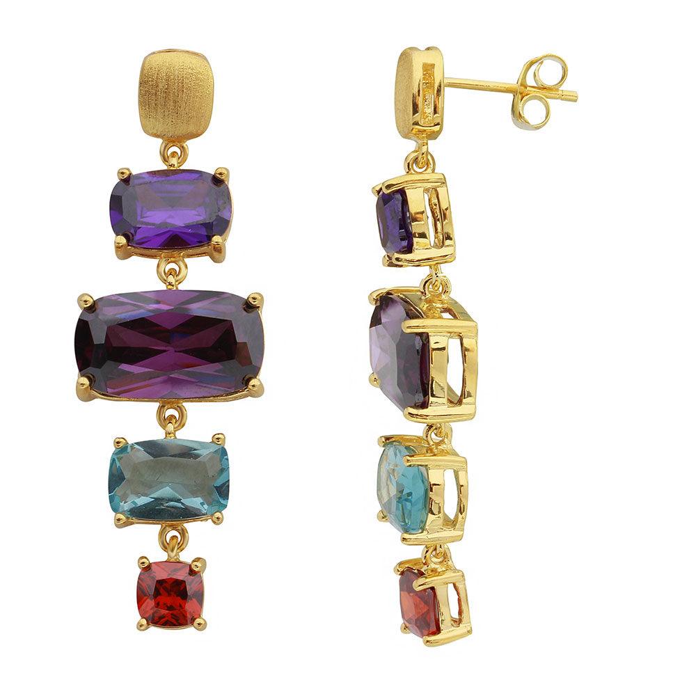 Gold Plated 925 Sterling Silver Dangling Multi Color Baguette Cut CZ Necklace and Stud Earring - BGS00631
