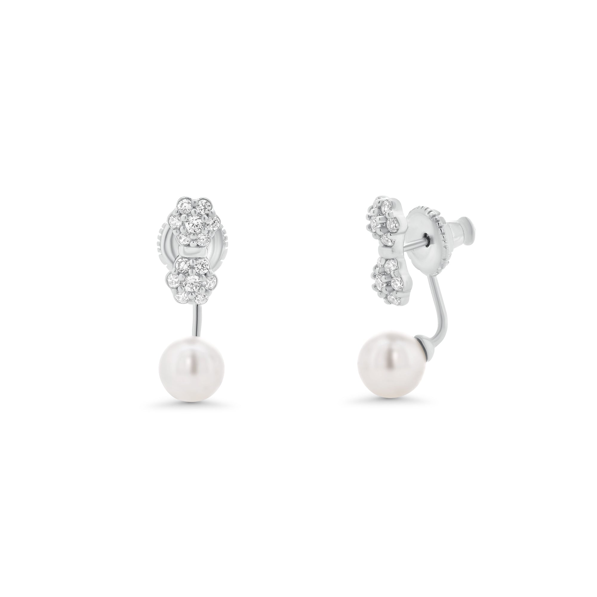 Pendientes de plata de ley 925 rodiada con circonitas y perlas colgantes delante y detrás - BGE00564