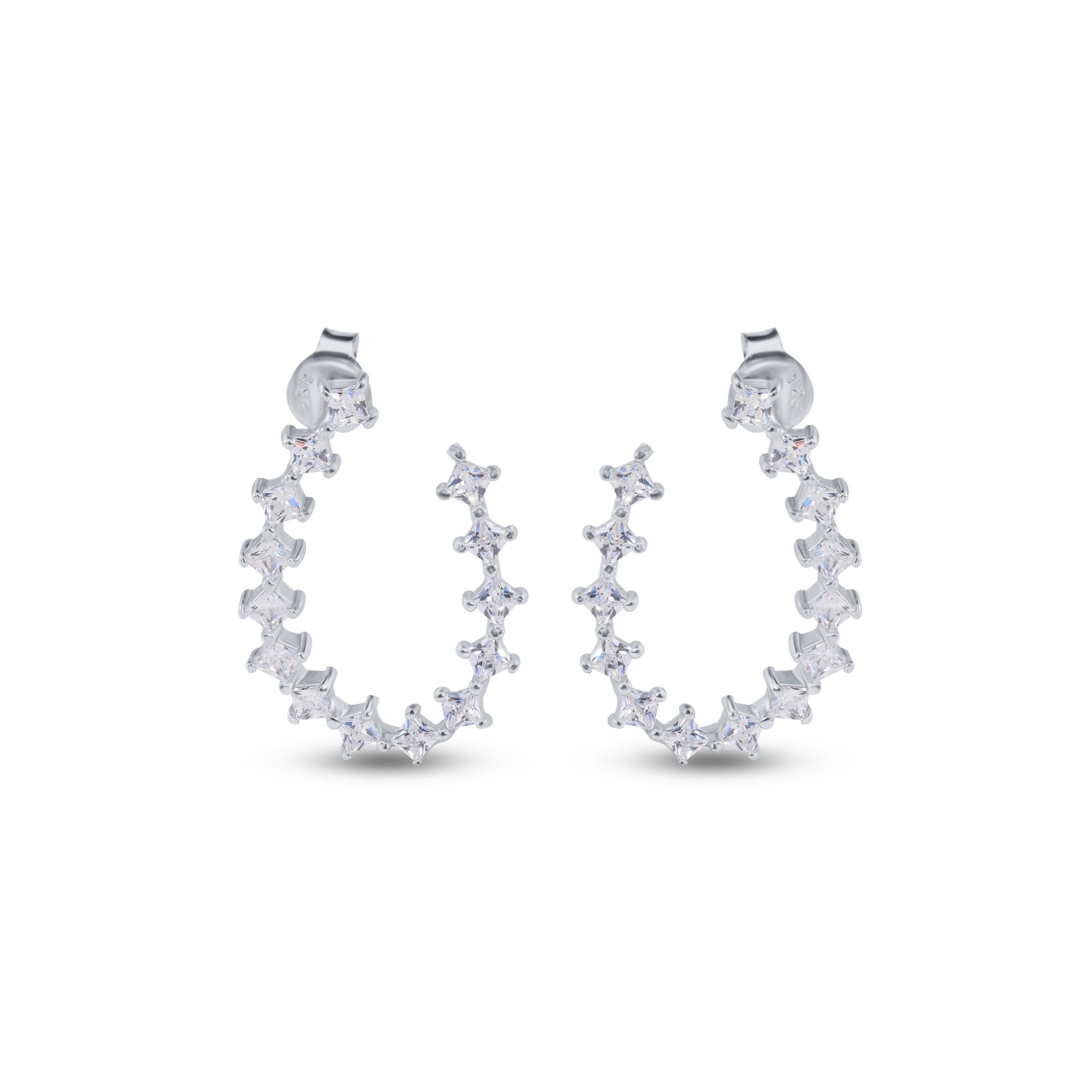 Pendientes de aro con corte cuadrado y circonitas transparentes en plata de ley 925 rodiada - BGE00747