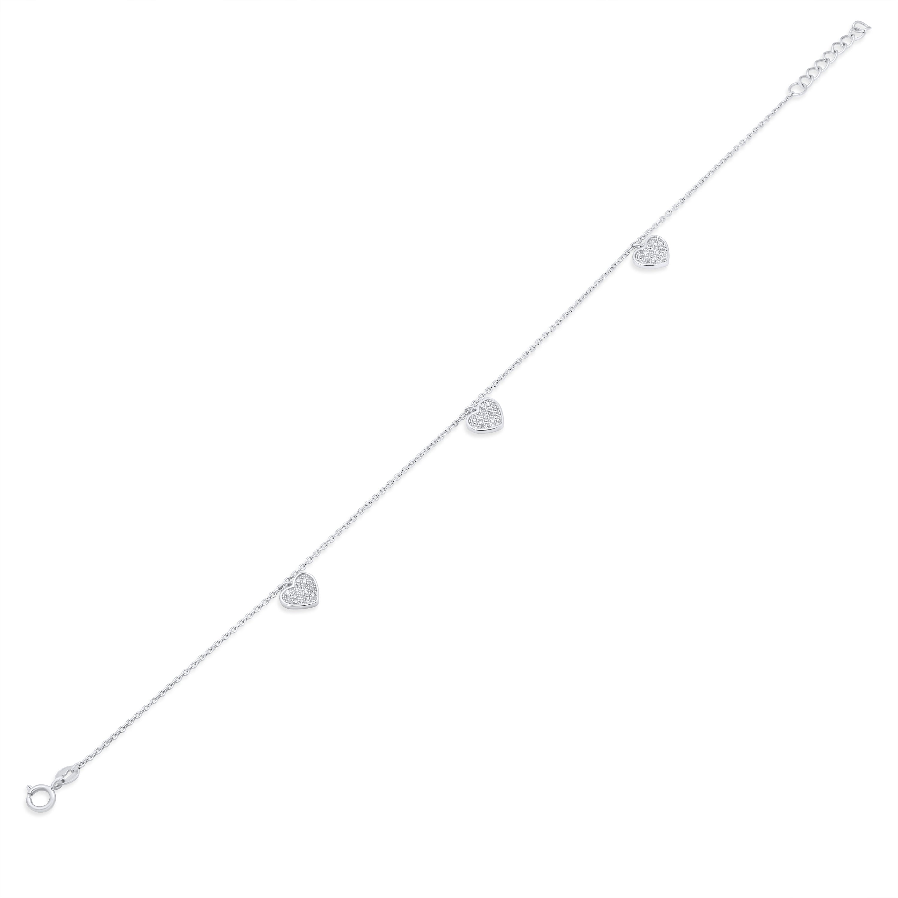 Rhodium Plated 925 Sterling Silver Dangling Triple Heart CZ Anklet- BGF00030