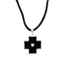 Clearance-Silver 925 Rhodium Plated Black Enamel Cross Clear CZ Black Cord Pendant Necklace - BGN00003