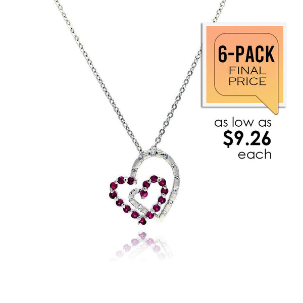 925 Sterling Silver Red CZ Rhodium Plated Double Heart Pendant Necklace (6/Pk) - BGP00028-PX