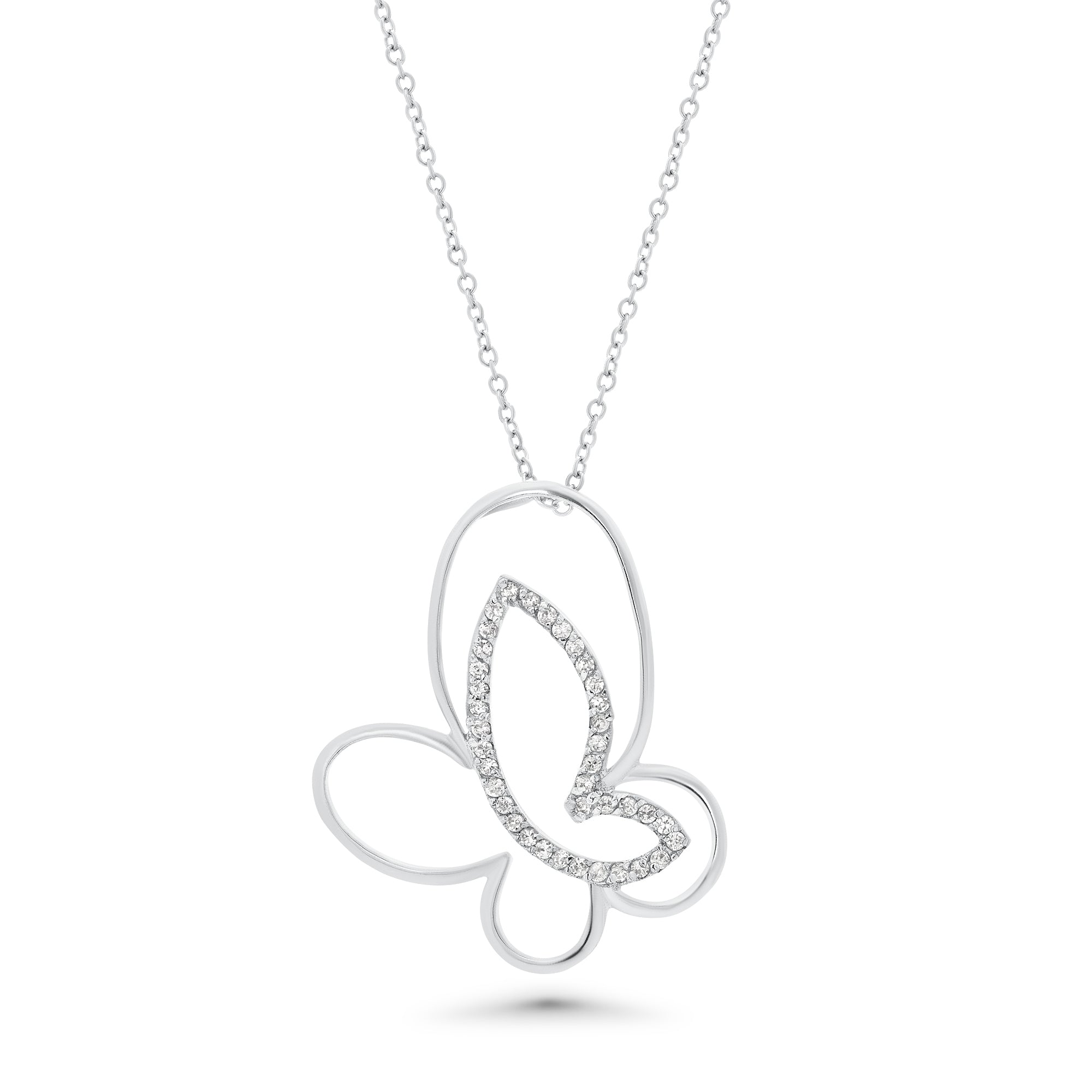 Silver 925 Clear CZ Rhodium Plated Butterfly Pendant Necklace - BGP00044