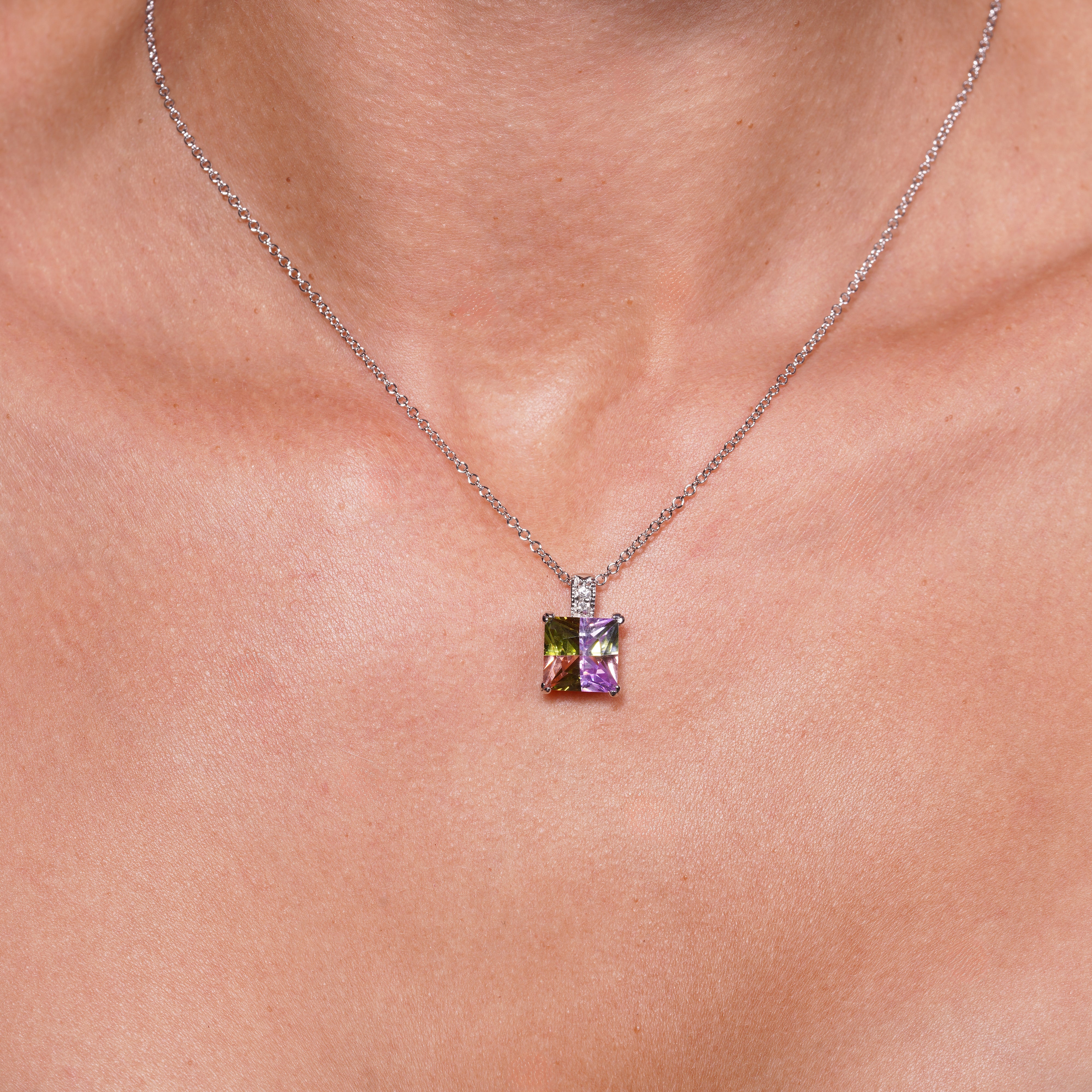 Clearance-Silver 925 Multi Color CZ Rhodium Plated Square Stone Pendant Necklace - BGP00051