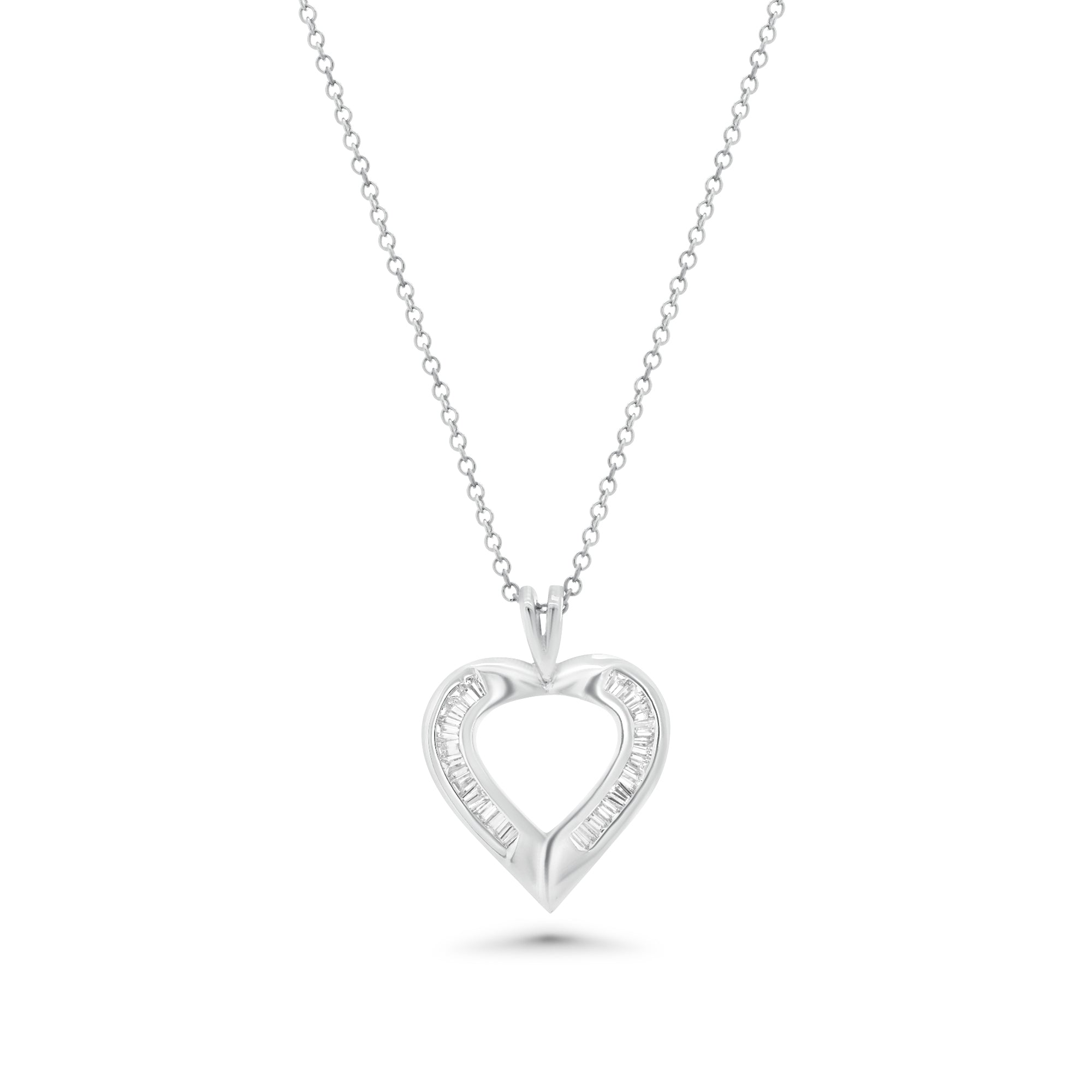 Silver 925 Clear Baguette CZ Rhodium Plated Heart Pendant Necklace - BGP00064