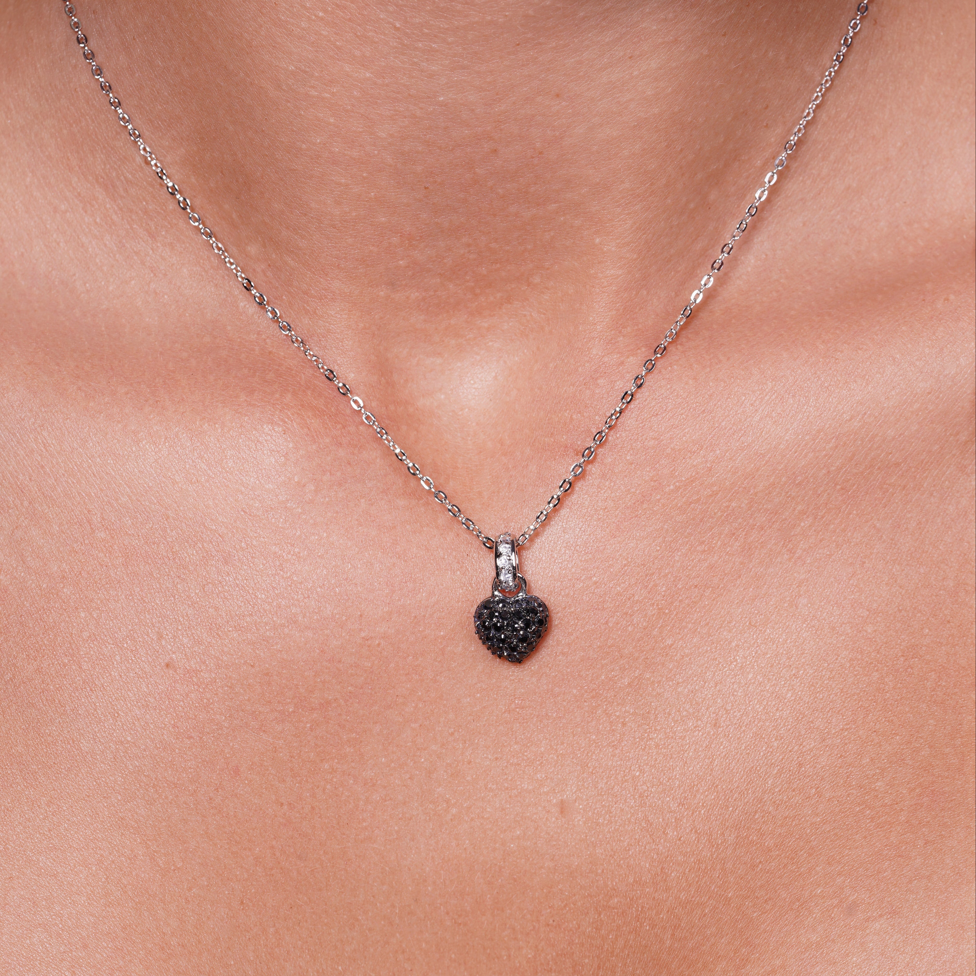 Clearance-Silver 925 Black Clear CZ Black Rhodium and Rhodium Plated Heart Pendant Necklace - BGP00067