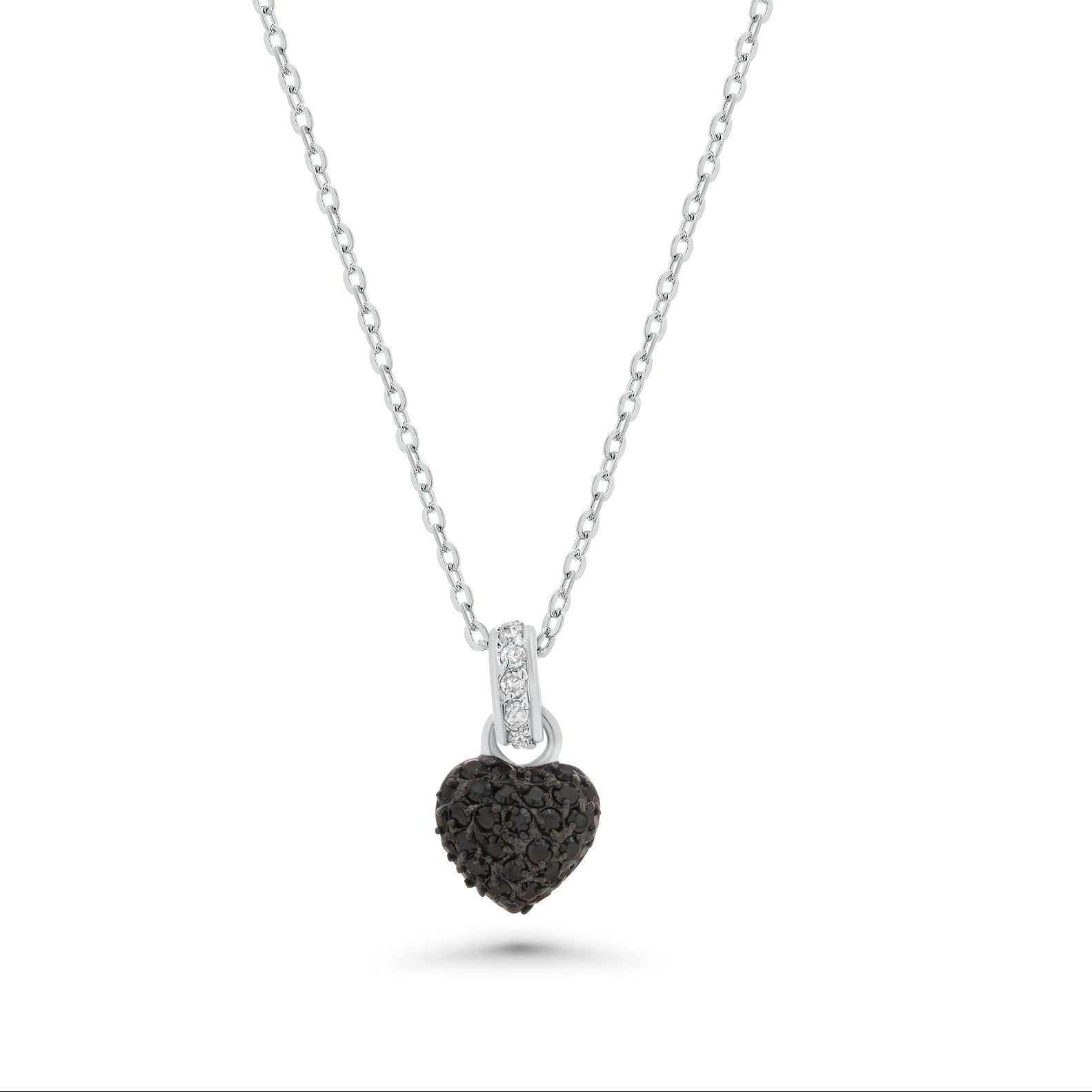 Clearance-Silver 925 Black Clear CZ Black Rhodium and Rhodium Plated Heart Pendant Necklace - BGP00067