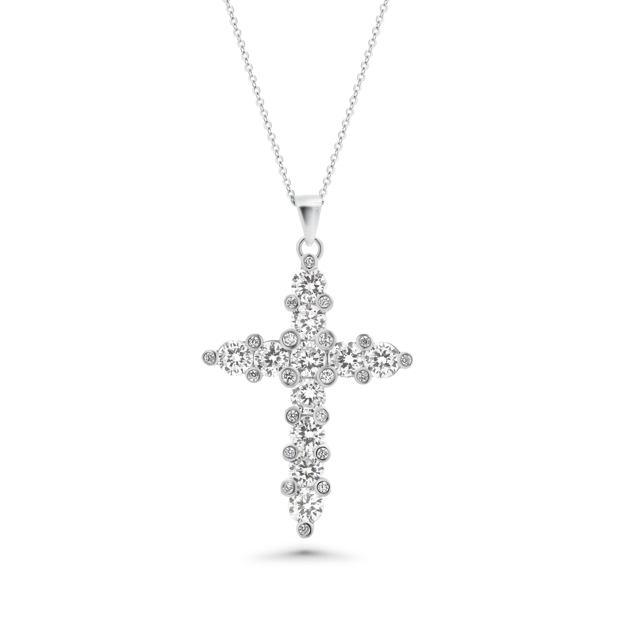Silver 925 Clear CZ Rhodium Plated Cross Pendant Necklace - BGP00069