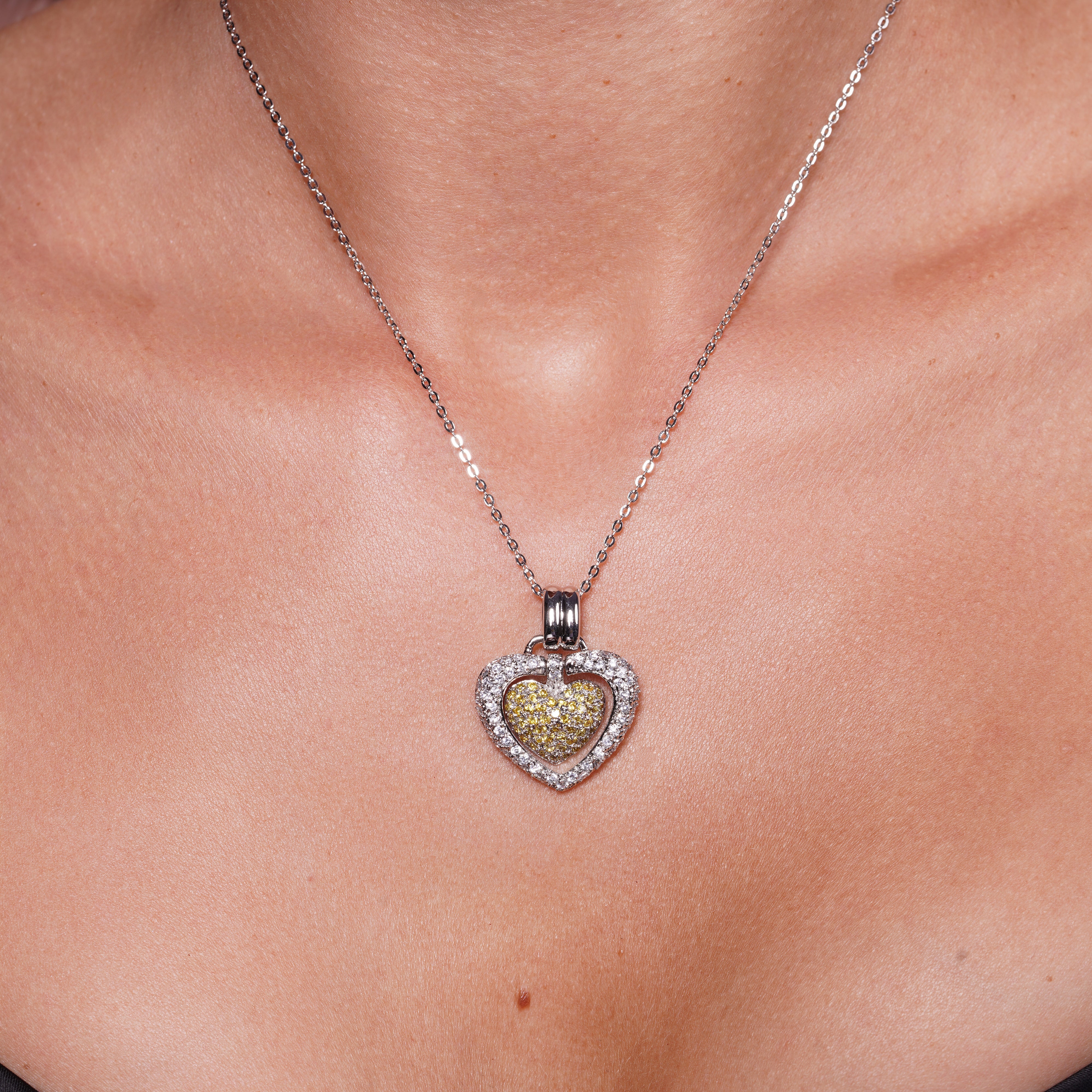 Clearance - Silver 925 Clear Yellow CZ Rhodium Plated Double Heart Pendant Necklace - BGP00070