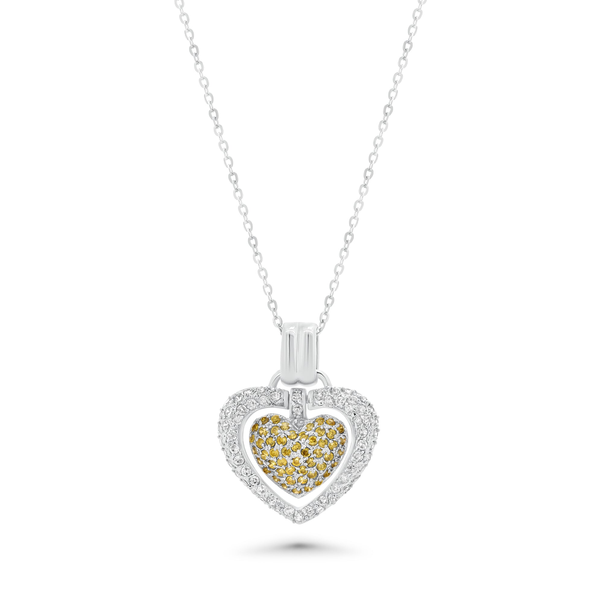 Clearance - Silver 925 Clear Yellow CZ Rhodium Plated Double Heart Pendant Necklace - BGP00070