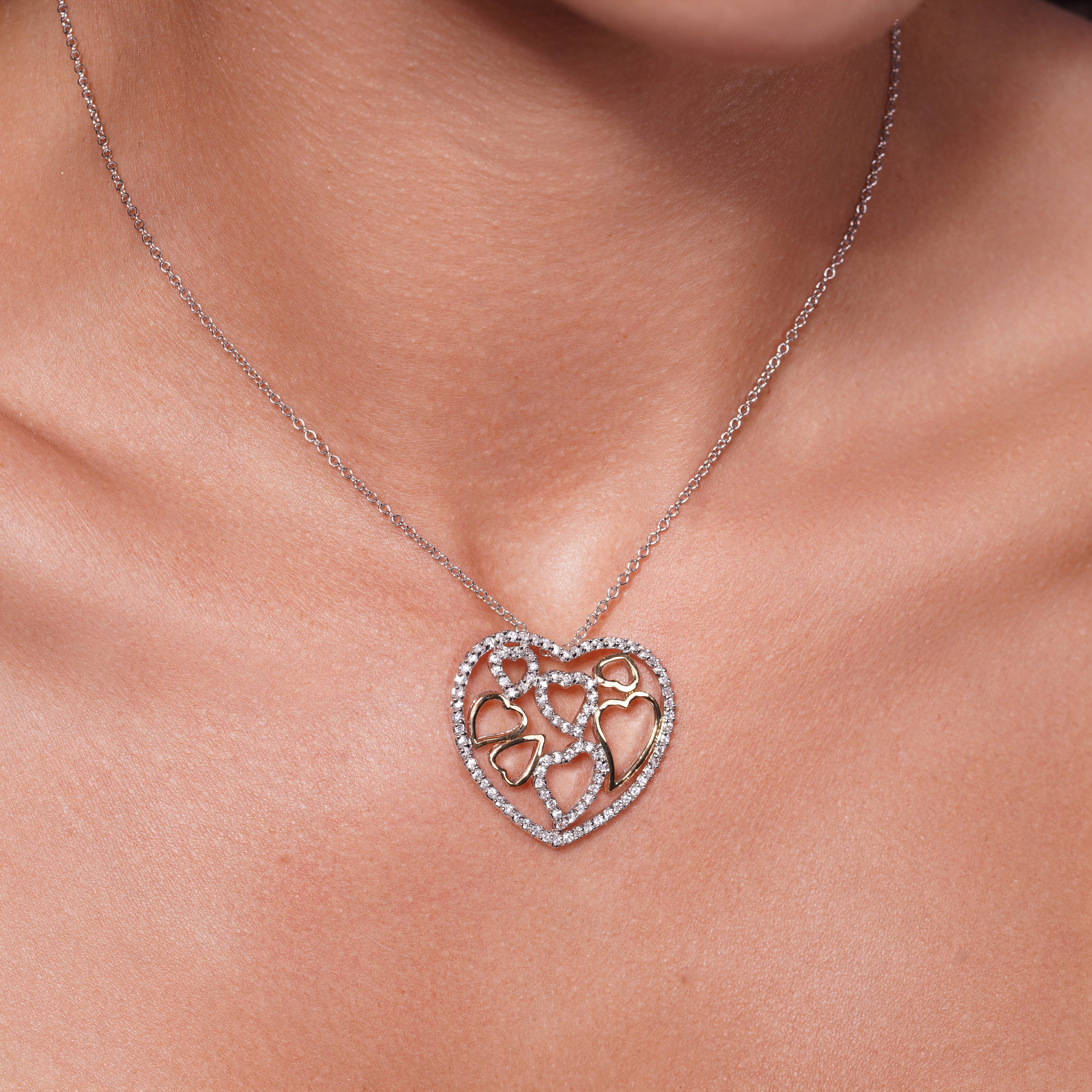 Clearance-Silver 925 Clear CZ Rhodium Plated Multi Heart Pendant Necklace - BGP00098