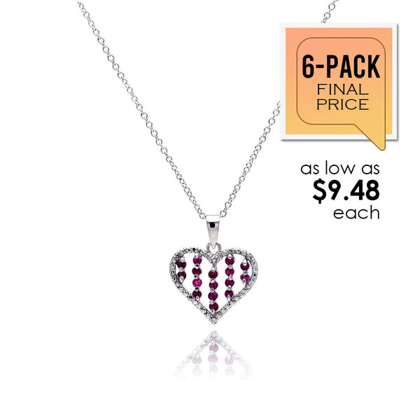 925 Sterling Silver Red CZ Rhodium Plated Heart Pendant Necklace (6/Pk) - BGP00149-PX