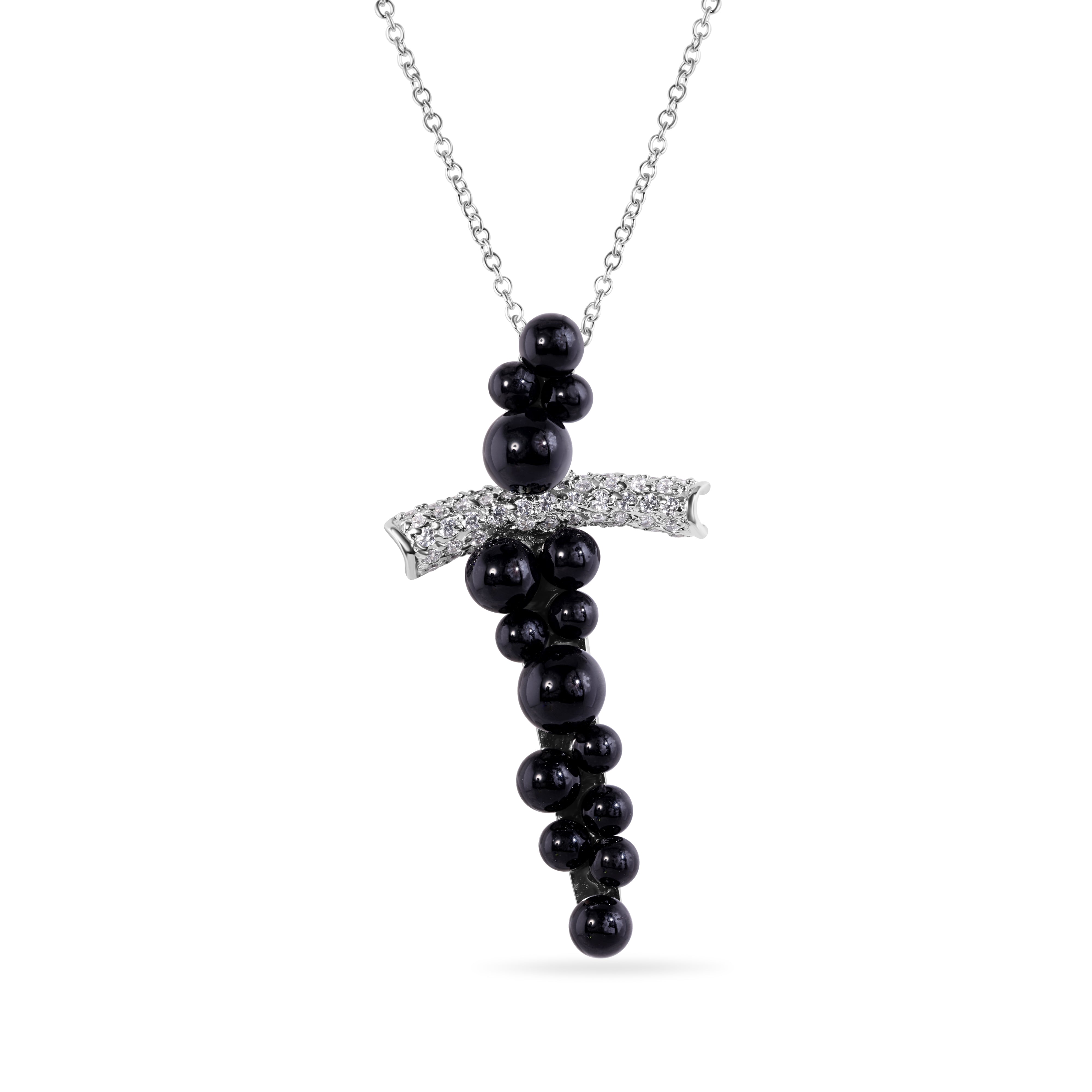 Clearance-Silver 925 Rhodium Plated Cross CZ Graduate Ball Black Onyx Necklace - BGP00170