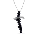 Clearance-Silver 925 Rhodium Plated Cross CZ Graduate Ball Black Onyx Necklace - BGP00170