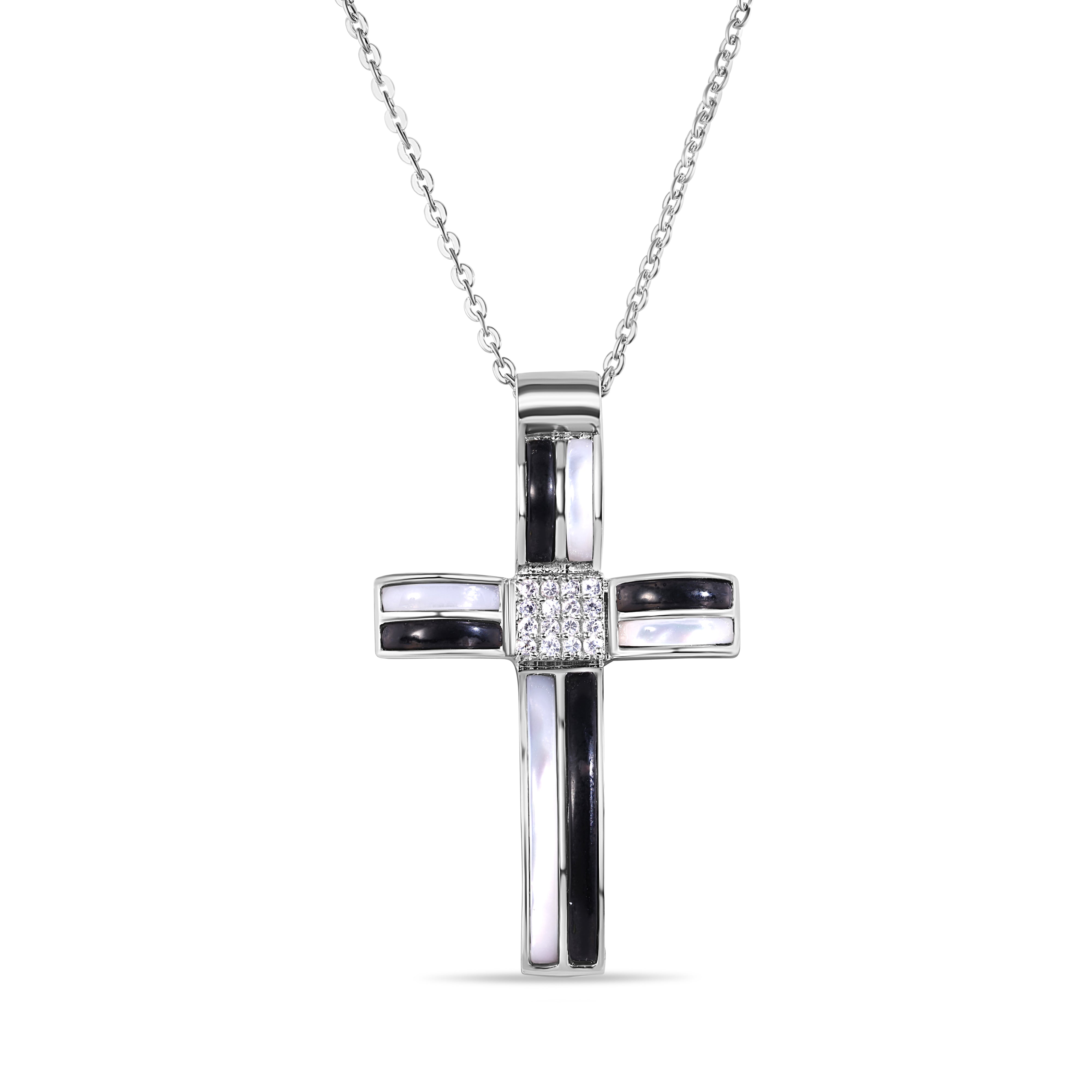 Clearance-Silver 925 Black and Rhodium Cross CZ Necklace - BGP00200