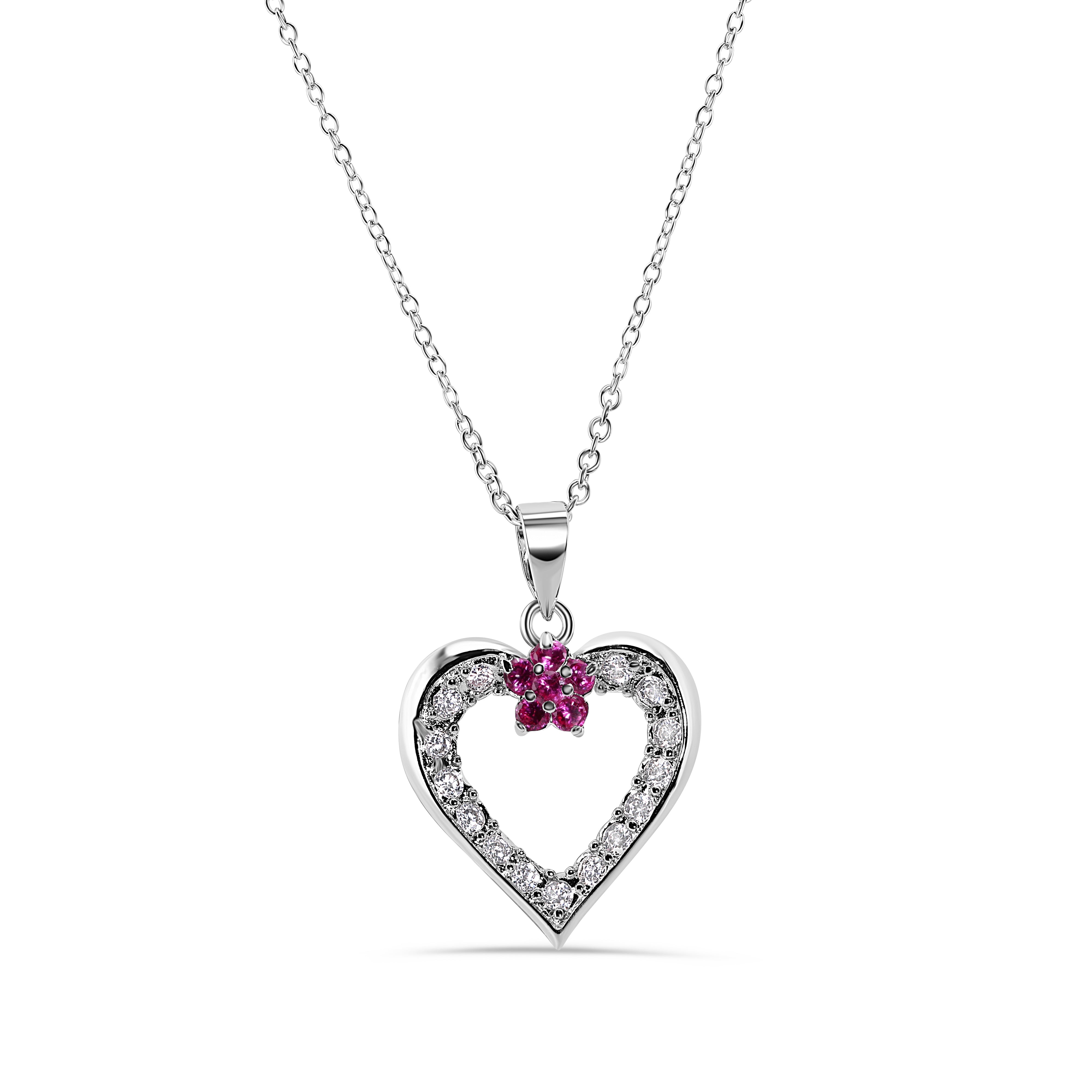 Clearance-Rhodium 925 Sterling Silver Open Heart With Flower Cubic Zirconia Necklace - BGP00226