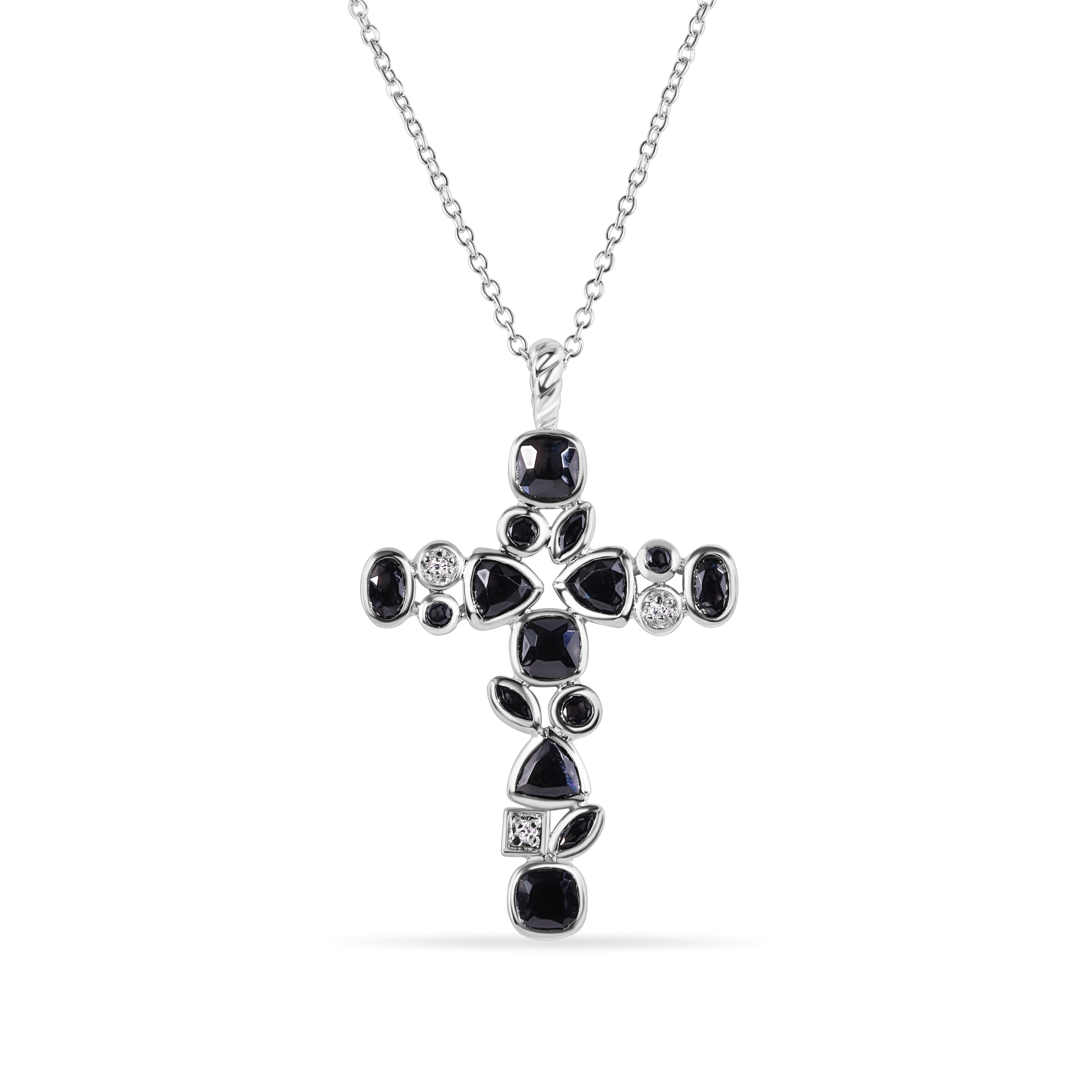 Clearance-Silver 925 Rhodium Plated Cross Black and Clear Multi-shape CZ Necklace - BGP00341