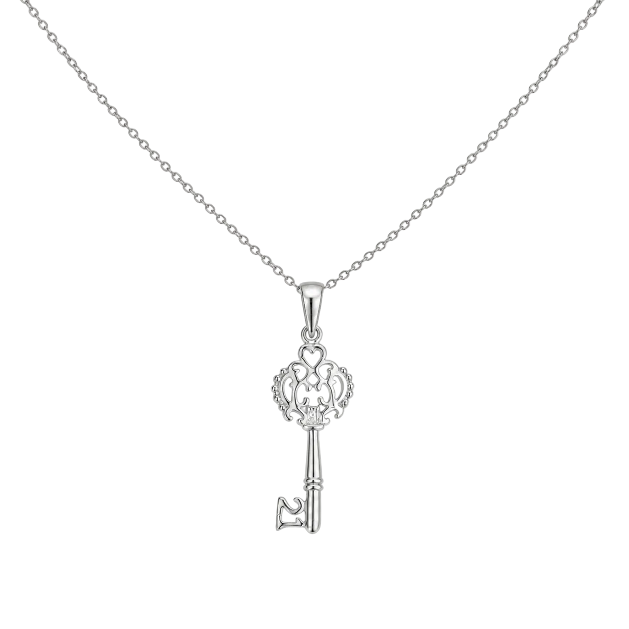 Rhodium Plated 925 Sterling Silver Open Key CZ Necklace - BGP00434