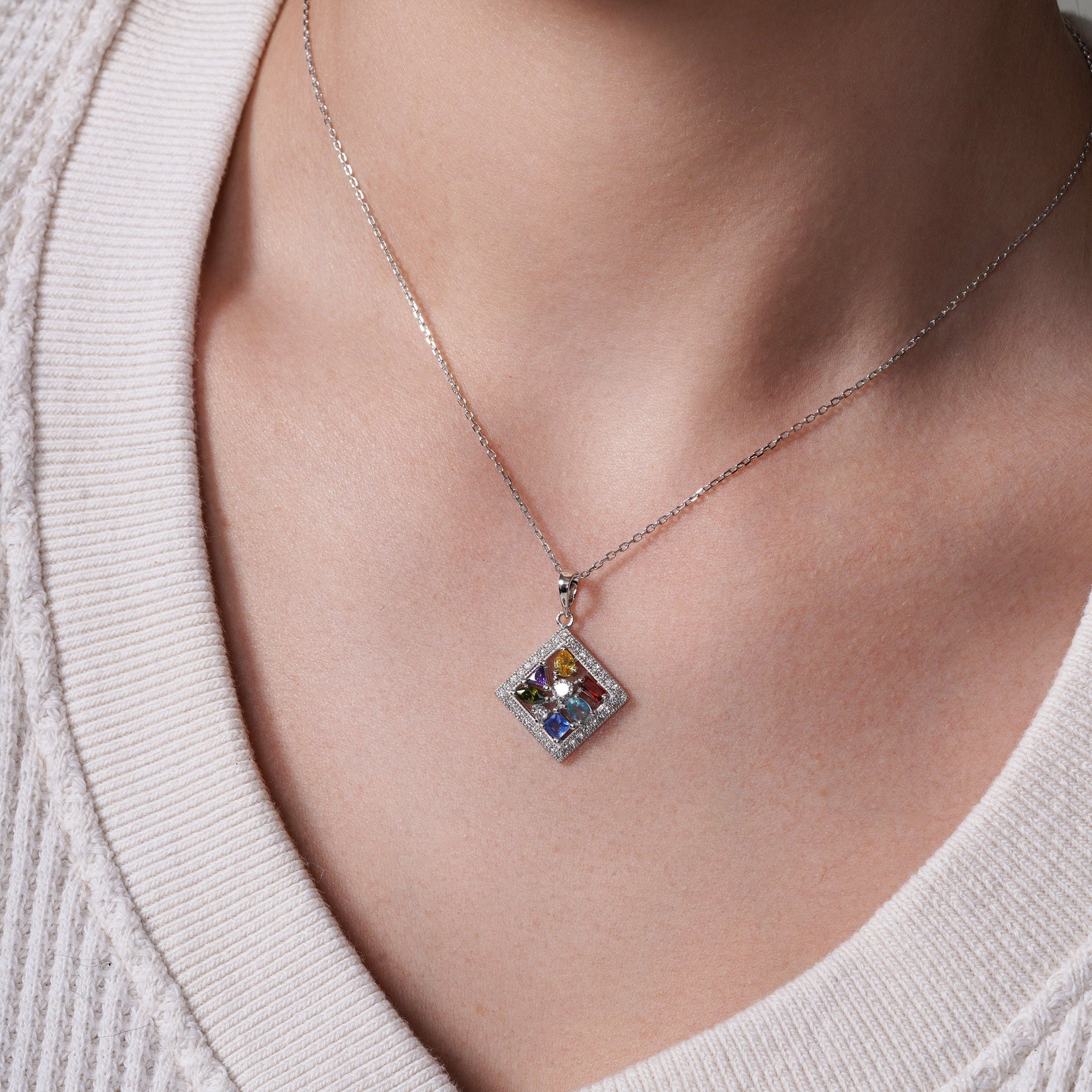 Silver 925 Rhodium Plated Multicolor Square CZ Necklace - BGP00619
