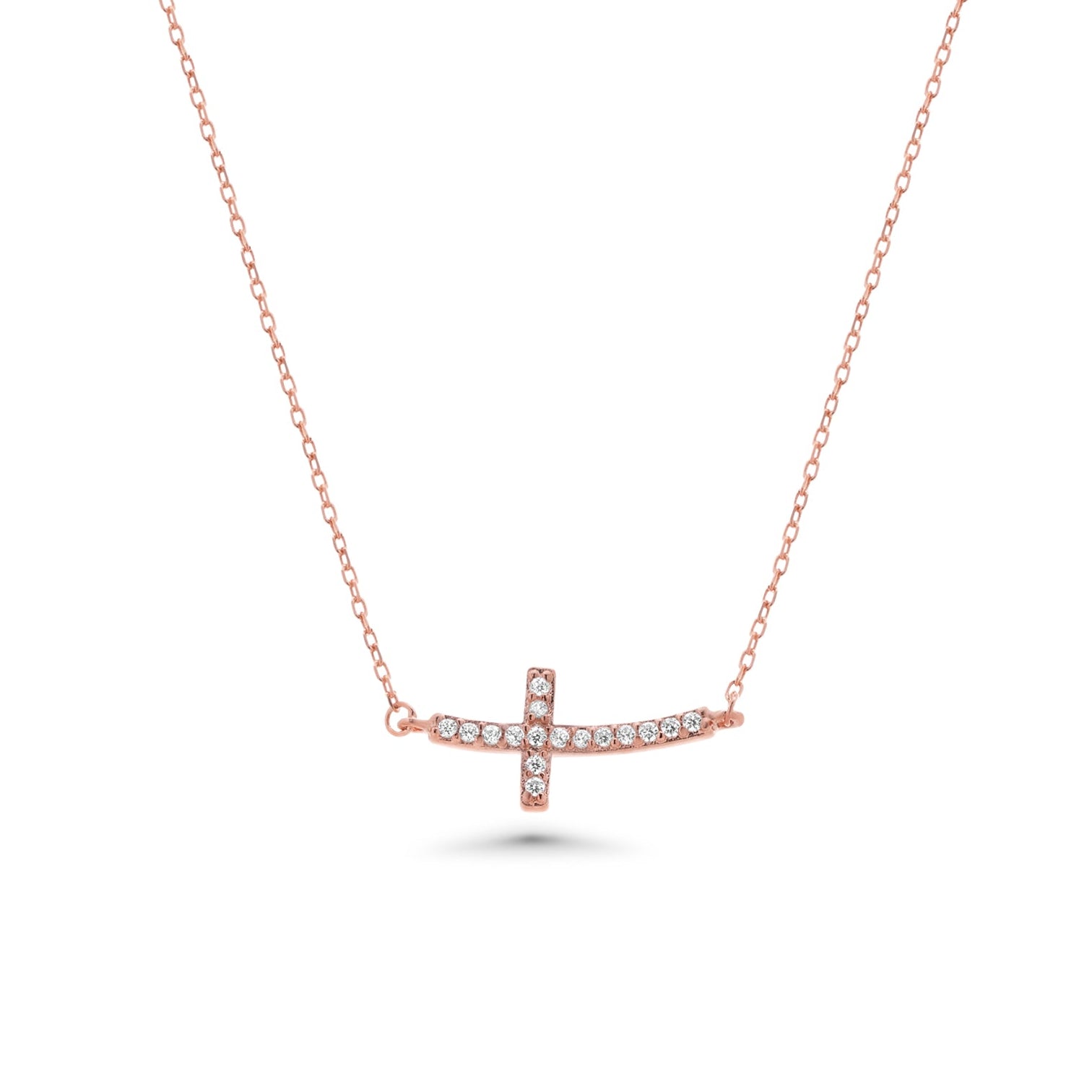 Rose Gold Plated 925 Sterling Silver Sideways Cross CZ Necklace - BGP00648