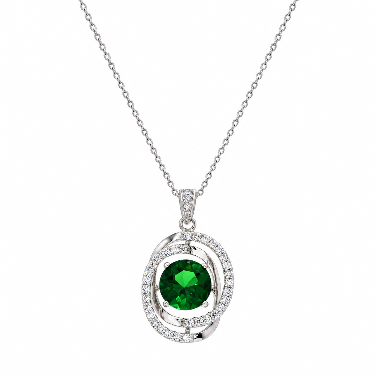 Rhodium Plated 925 Sterling Silver Colored Birthstone CZ Circle Swirl Pendant Necklace - BGP00721 | BGP00722 | BGP00723 | BGP00724