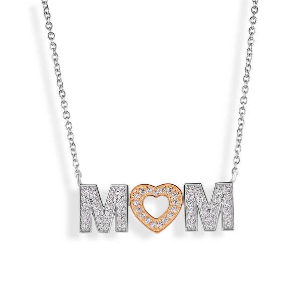 Silver 925 Rhodium and Gold Plated Clear CZ MOM with Heart Pendant Necklace - BGP00831