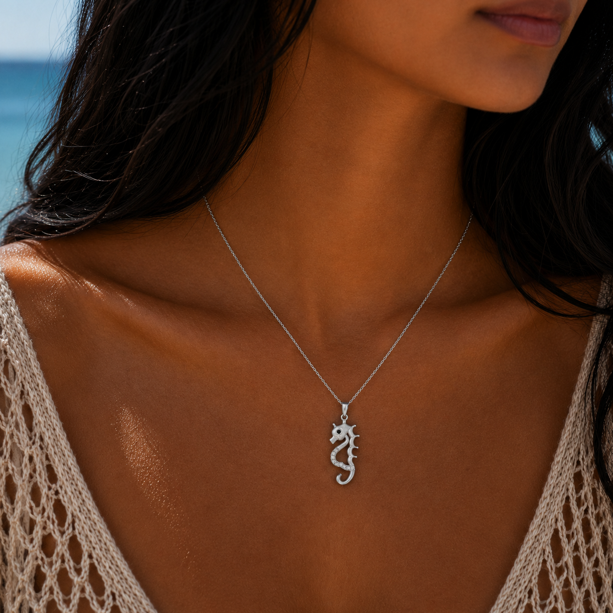 Rhodium Plated 925 Sterling Silver CZ Seahorse Pendant Necklace - BGP00850