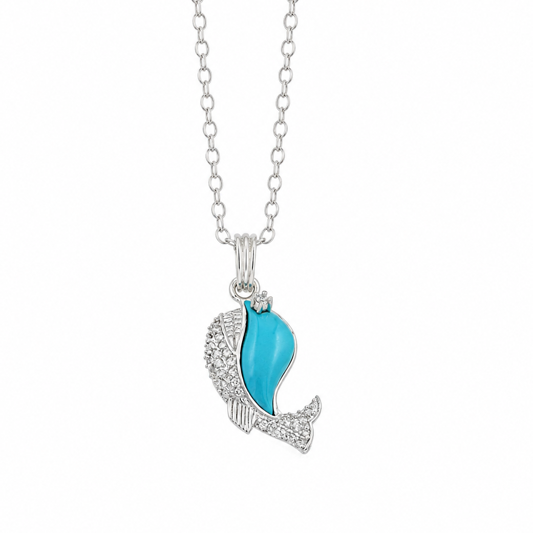 Rhodium Plated 925 Sterling Silver CZ & Stone Whale Pendant Necklace - BGP00855