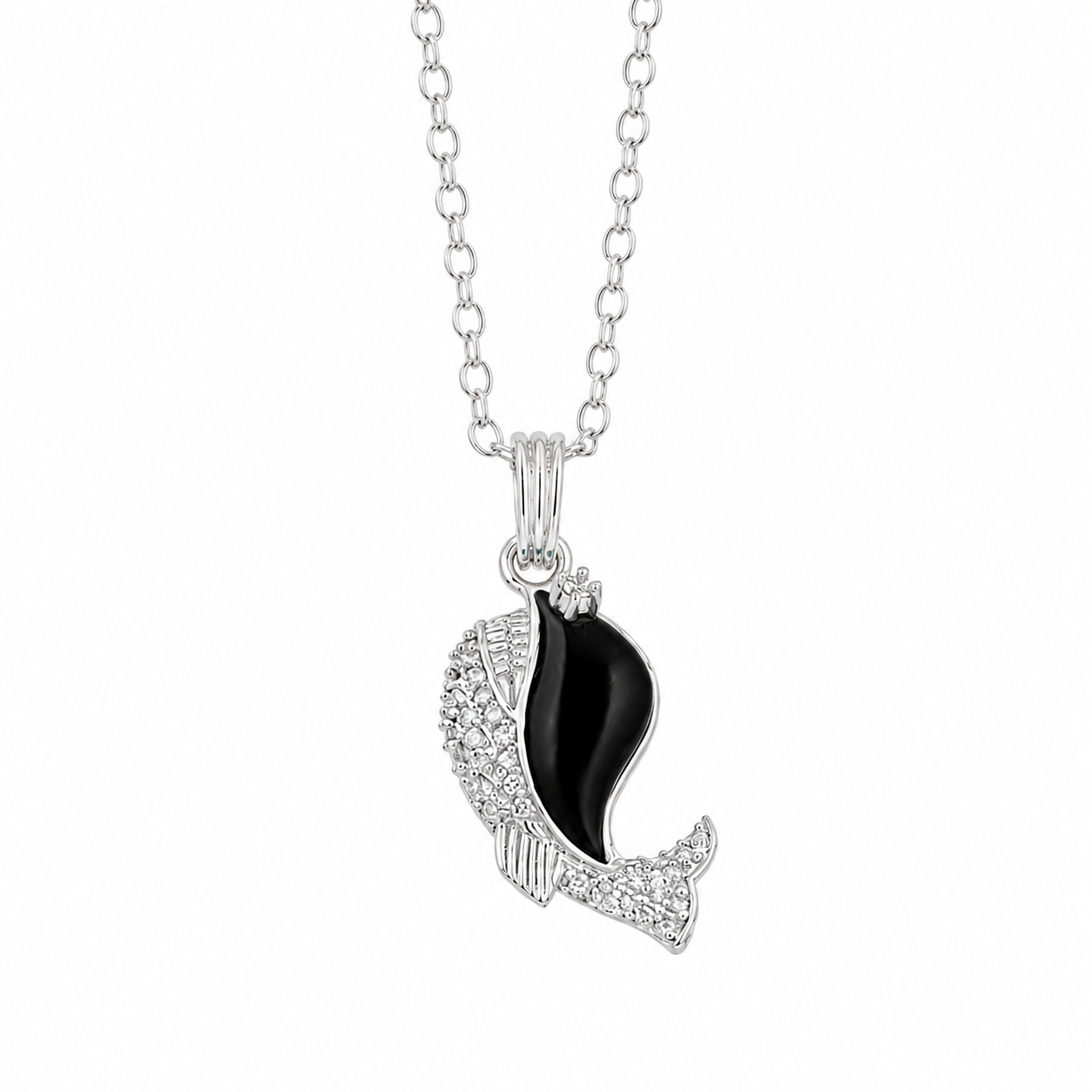 Rhodium Plated 925 Sterling Silver CZ & Stone Whale Pendant Necklace - BGP00855