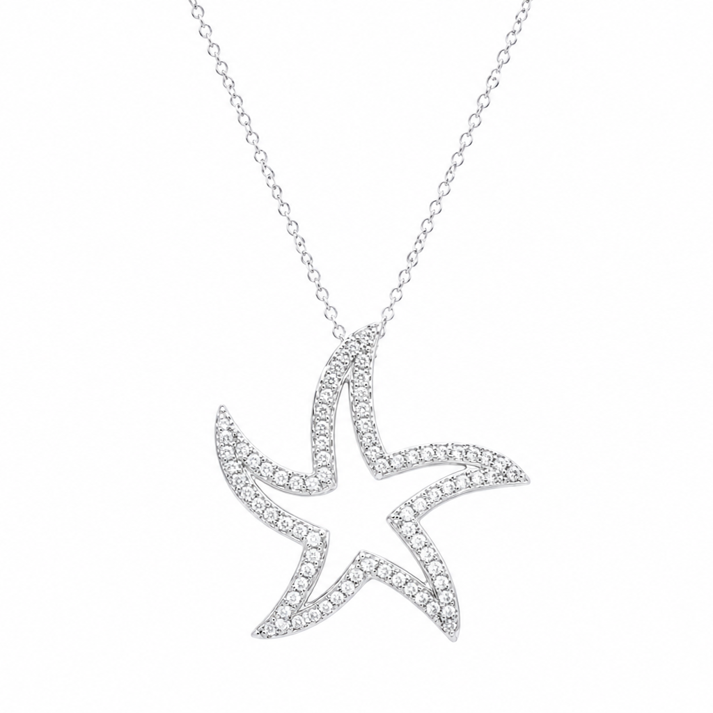 Rhodium Plated 925 Sterling Silver CZ Waved Starfish Pendant Necklace- BGP00940