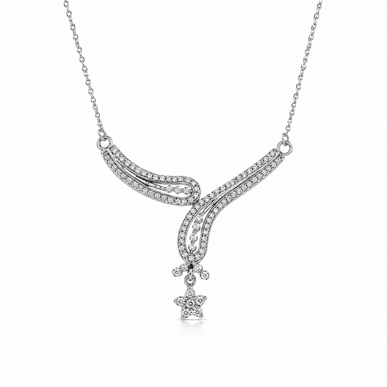 Rhodium Plated 925 Silver CZ Leaf and Flower Bridal Necklace - BGP00955