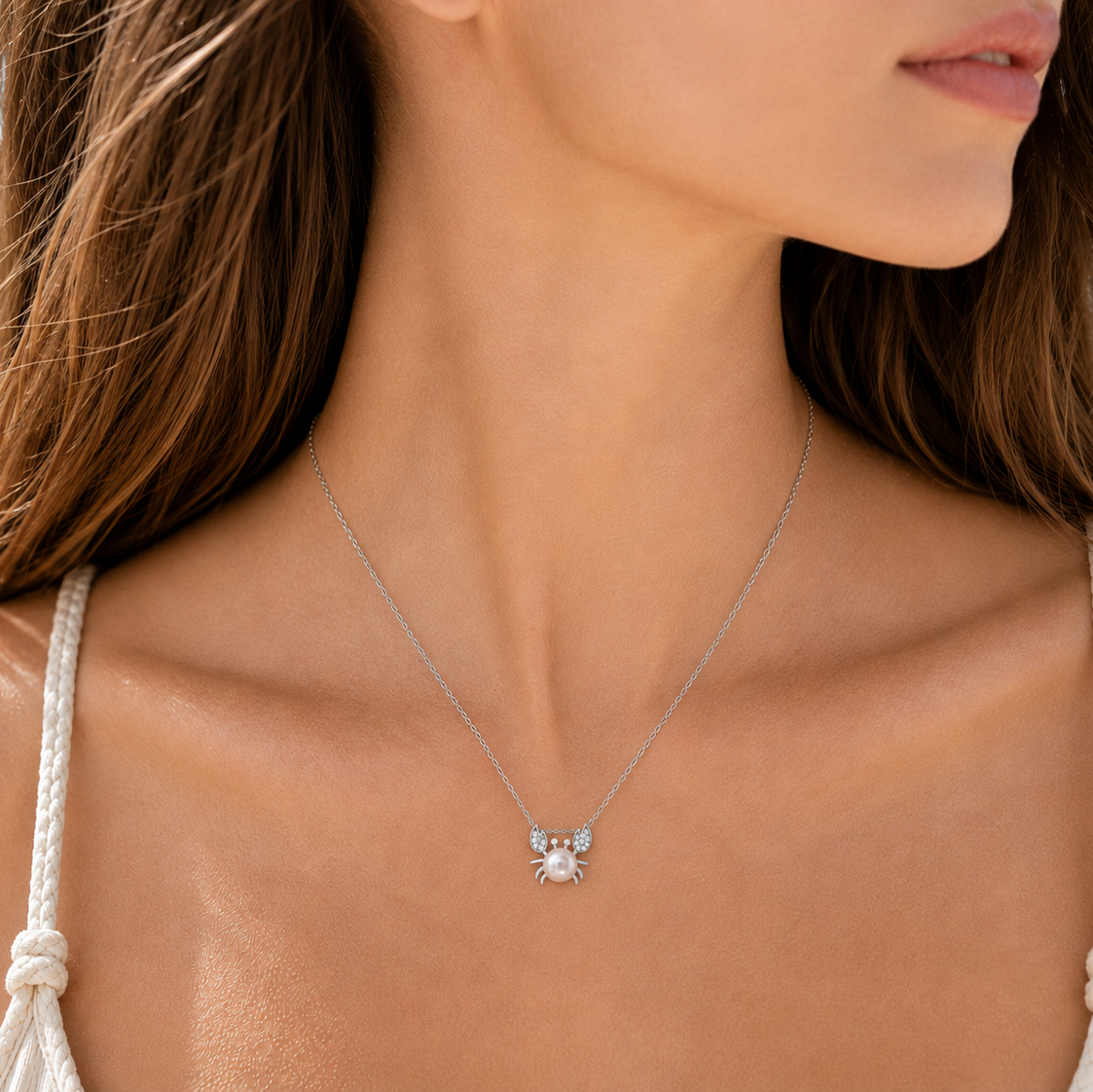 Rhodium Plated 925 Sterling Silver CZ & Pearl Crab Pendant Necklace - BGP01033