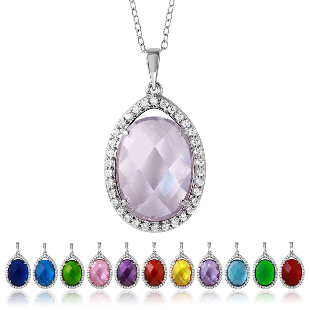 Collar de plata de ley 925 rodiada con circonita cúbica ovalada y piedra de nacimiento - BGP01034