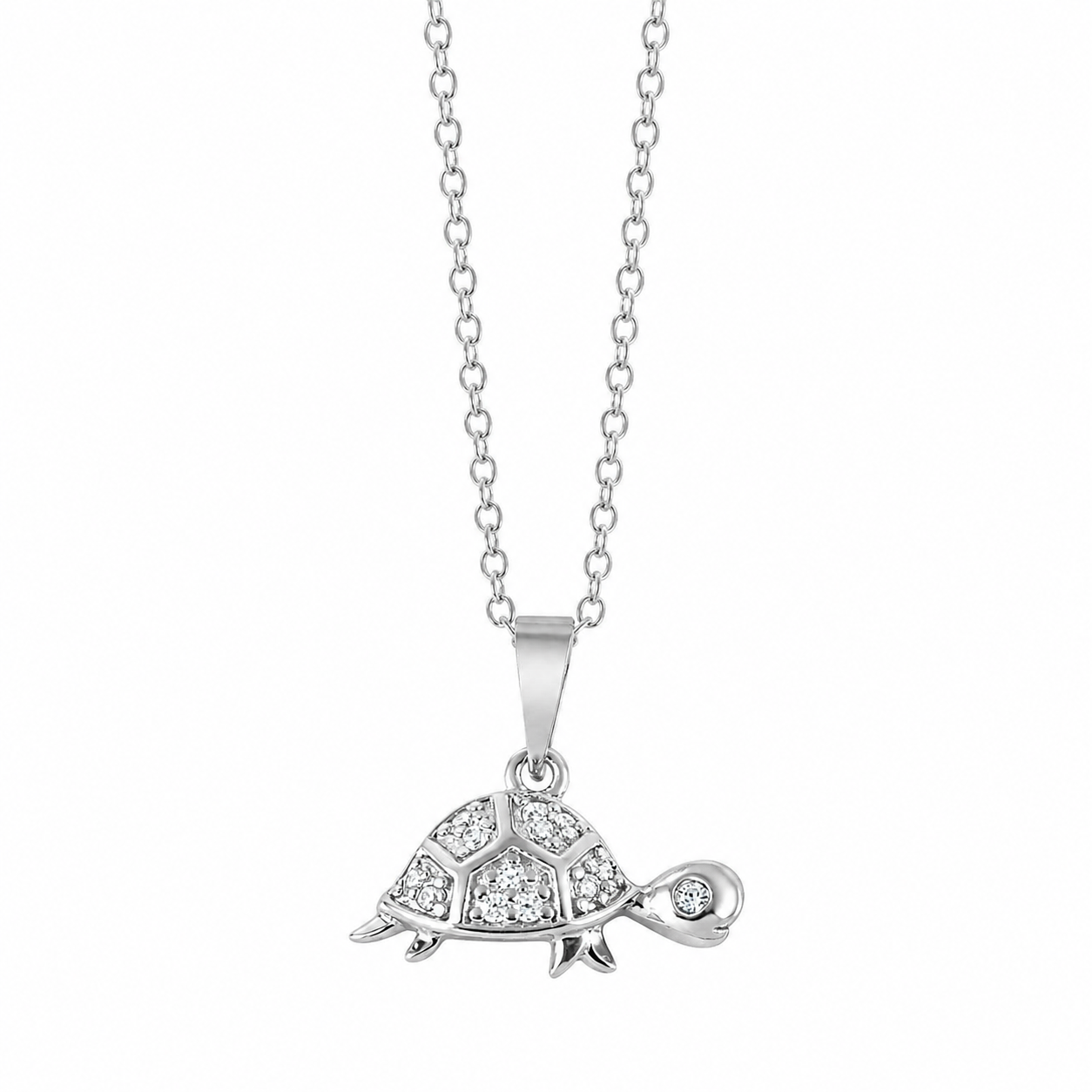 Rhodium Plated 925 Sterling Silver CZ Turtle Pendant Necklace - BGP01038