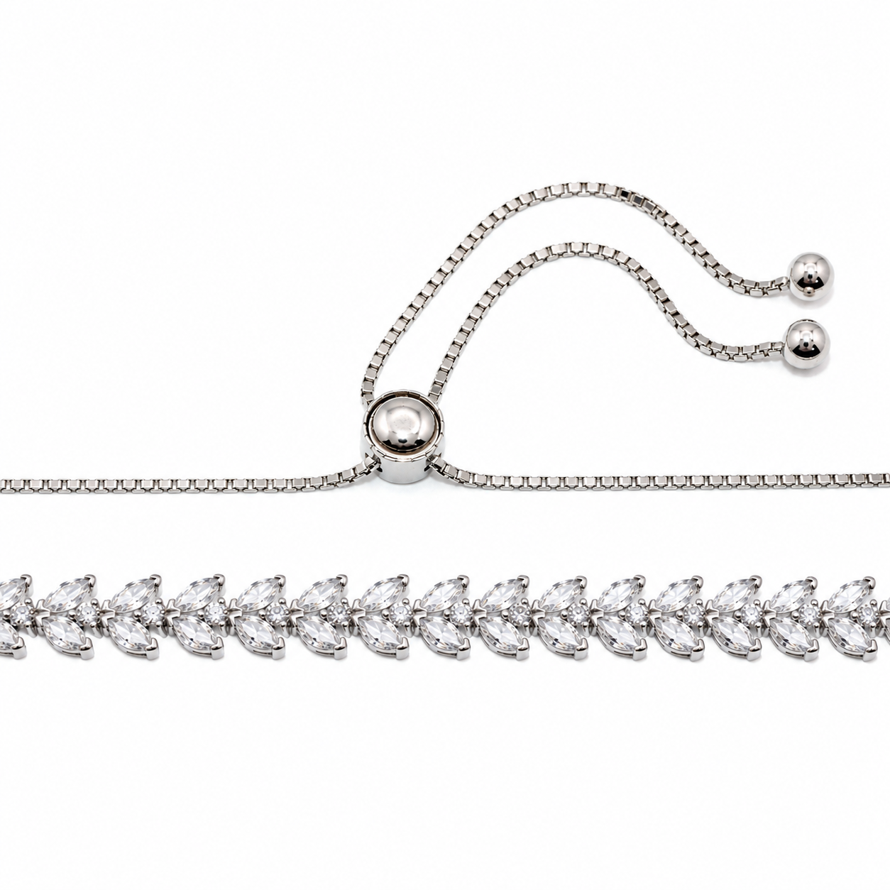 Rhodium Plated 925 Sterling Silver Adjustable Leaf Link CZ Bridal Necklace - BGP01254