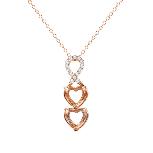 Rose Gold Plated 925 Sterling Silver Personalized Ribbon 2 Hearts Drop Mounting Necklace - BGP01383RGP