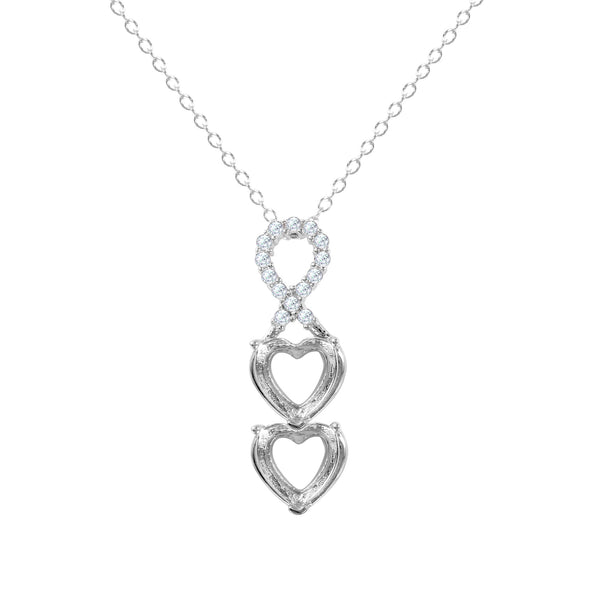 Rhodium Plated 925 Sterling Silver Personalized Ribbon 2 Hearts Drop Mounting Necklace - BGP01383RHD