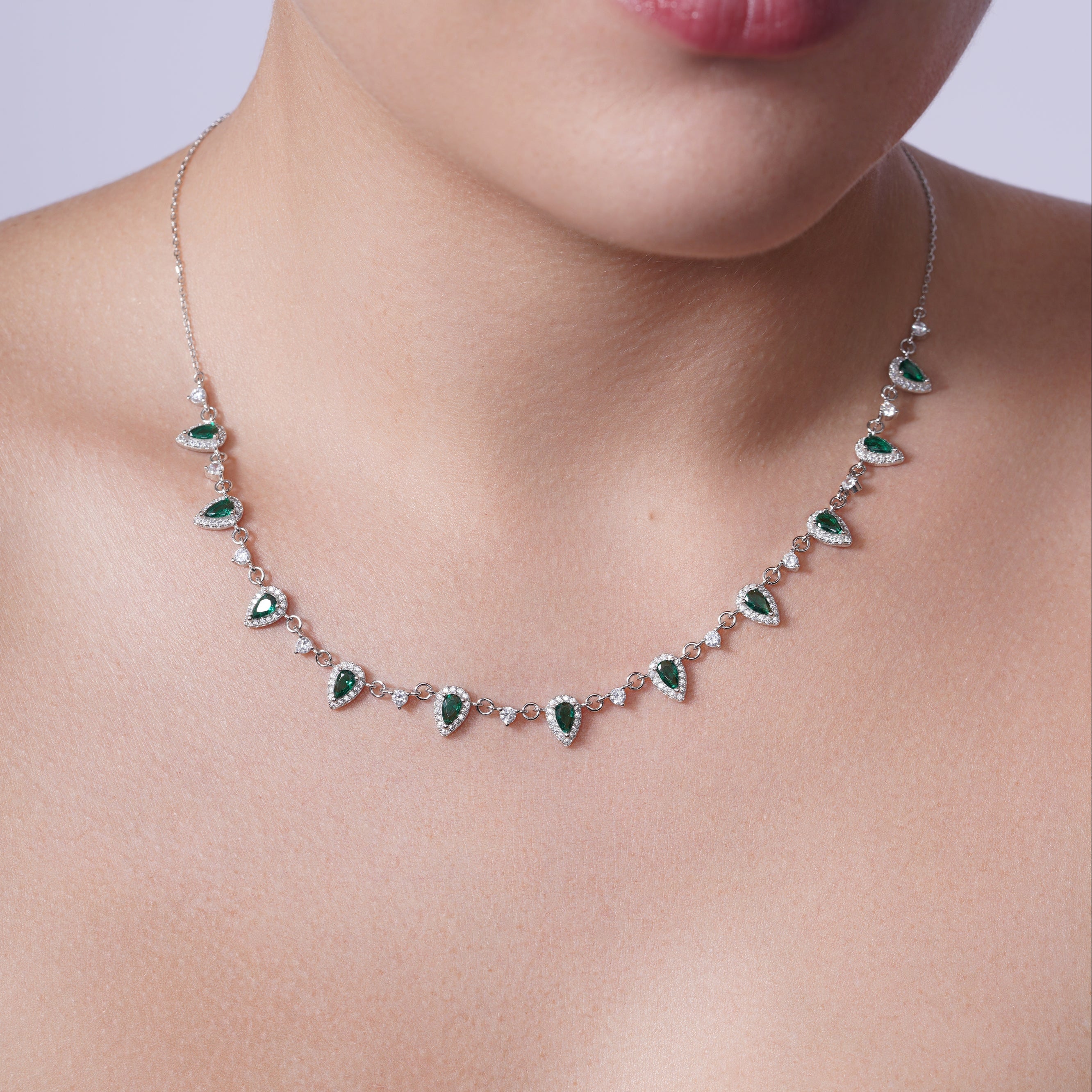 925 Sterling Silver Silver Green and Clear Multi CZ Necklace - BGP01389