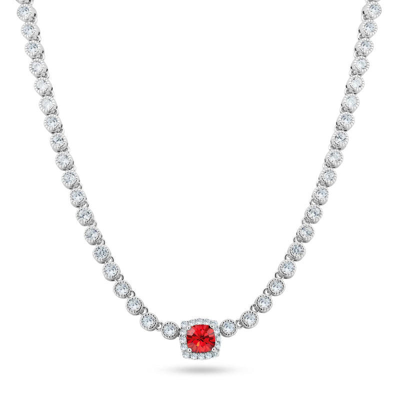 Rhodium Plated 925 Sterling Silver Bubble Tennis CZ Red Center Stone Necklace - BGP01469JAN