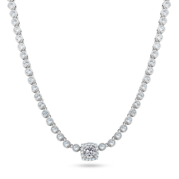 Rhodium Plated 925 Sterling Silver Bubble Tennis CZ Clear Center Stone Necklace - BGP01469CLR