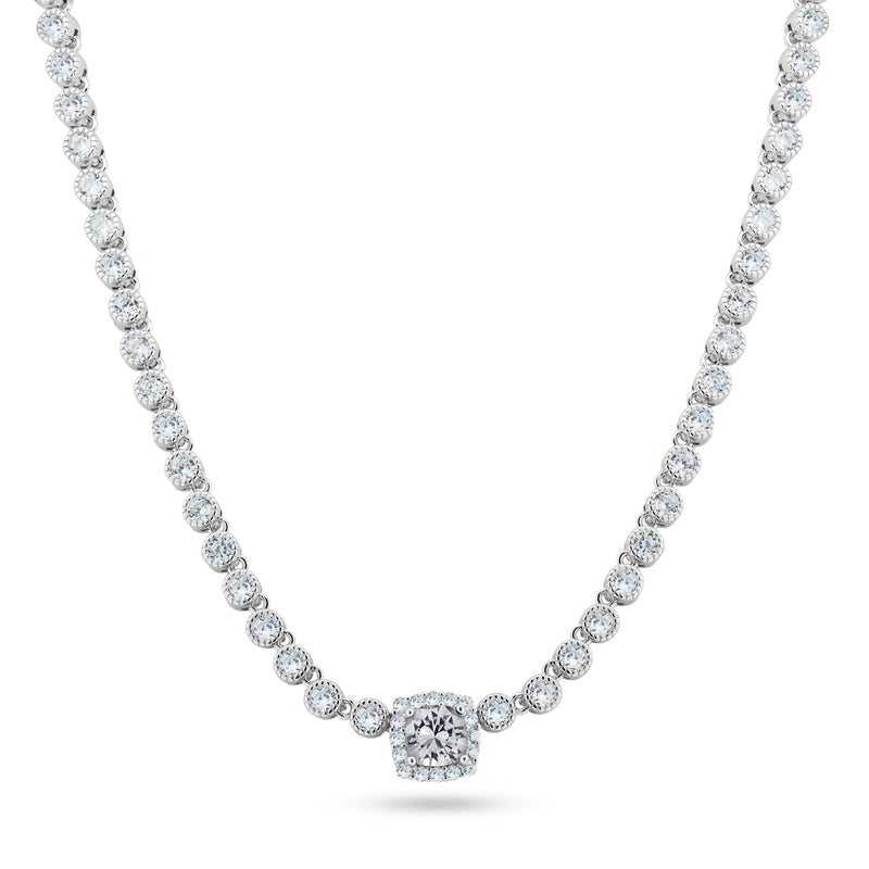 Rhodium Plated 925 Sterling Silver Bubble Tennis CZ Clear Center Stone Necklace - BGP01469CLR