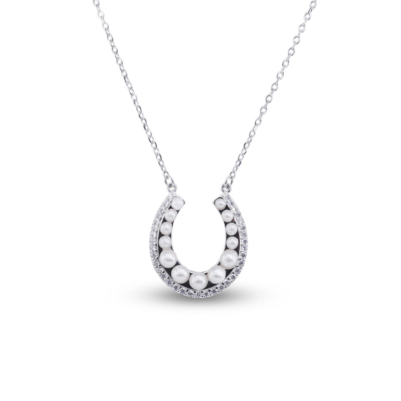 Rhodium Plated 925 Sterling Silver Horseshoe Pearl Clear CZ Necklace - BGP01487