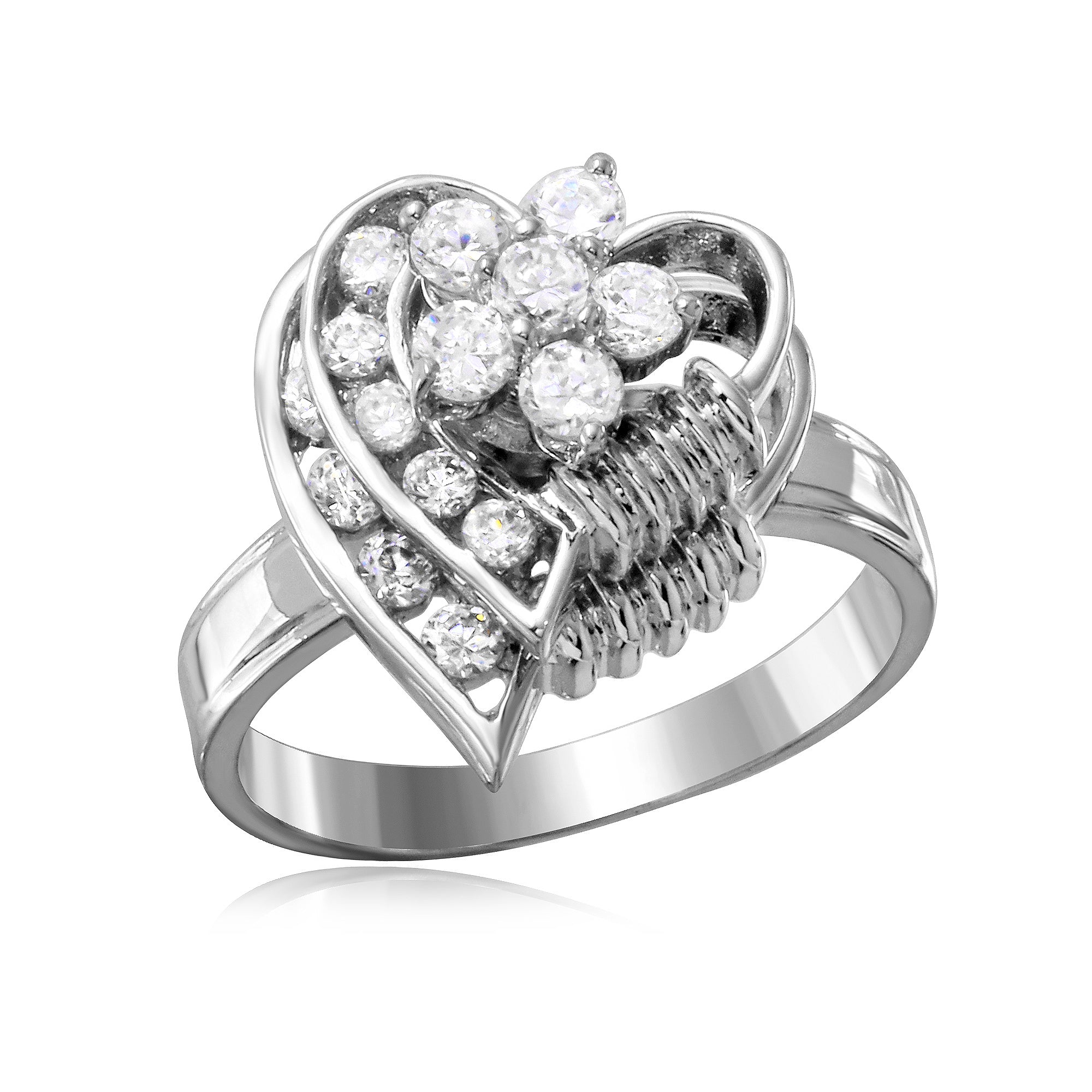 Clearance - Rhodium Plated 925 Sterling Silver Clear Flower 2 Row Hearts Fidgetting Clear CZ Ring - BGR00045