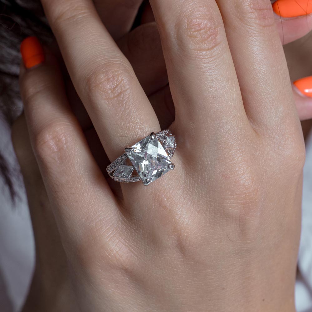 Clearance - Silver 925 Rhodium Plated Clear Square Center CZ Bridal Ring - BGR00082