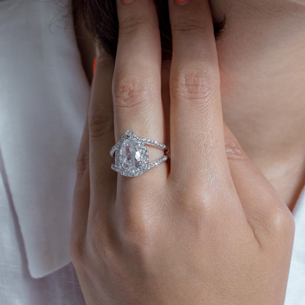 Silver 925 Rhodium Plated Clear Tear Shape CZ Bridal Antique Ring - BGR00084