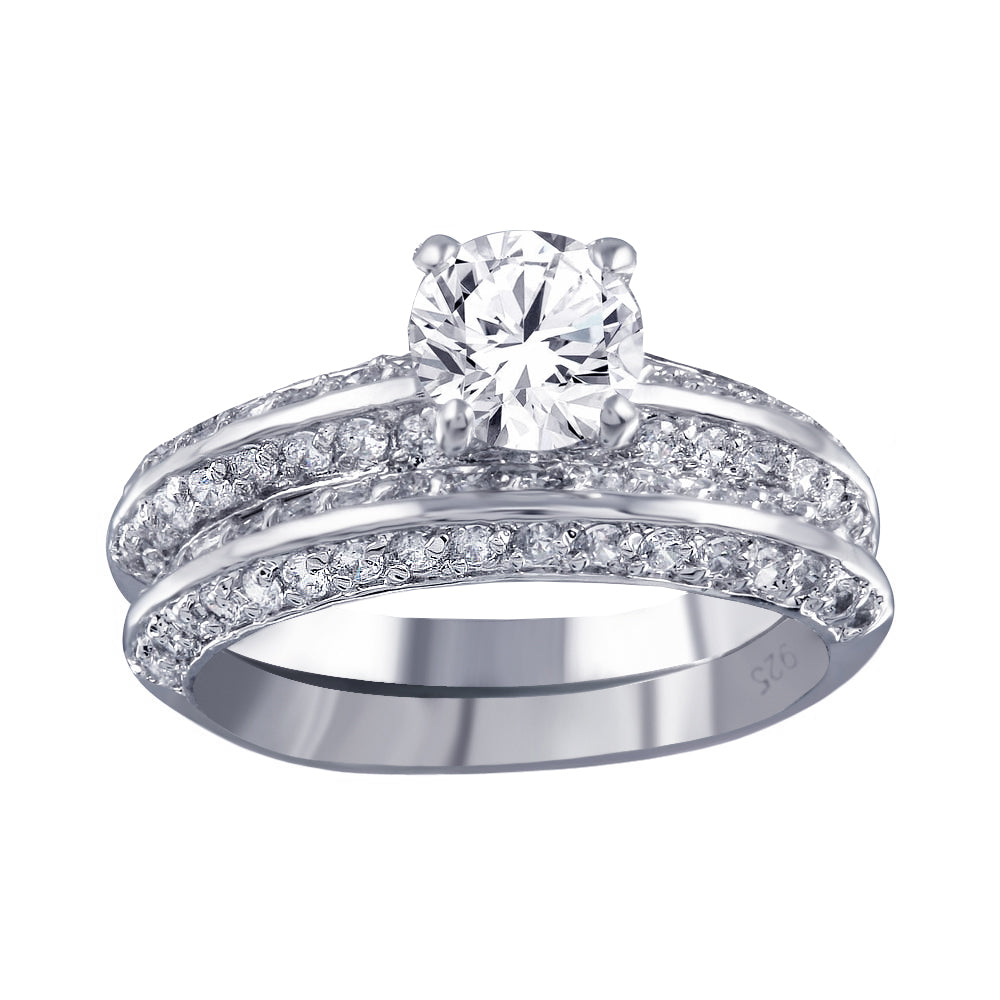 Rhodium Plated 925 Sterling Silver Clear CZ Bridal Ring Set - BGR00123